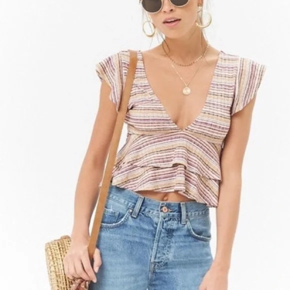 Forever 21 Striped Ribbed Ruffle Sleeve Deep V Top